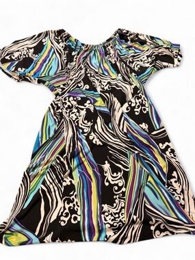 Women’s Black Multi-Color Patterned Off-Shoulder Dress